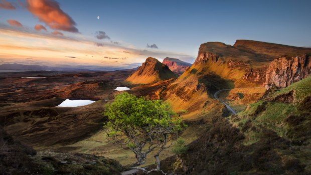 Sunrise over the Quiraing on Skye, a jumble of crags and needles formed by an ancient landslide.