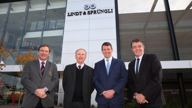 At the opening of the Lindt Factory in Marsden Park (from left): Blacktown Mayor Stephen Bali, MP Kevin Conolly, NSW Premier Mike Baird and MP Ray Williams.