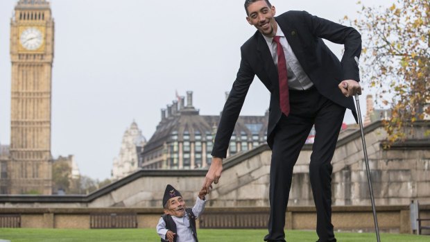 The world's tallest man, Sultan Kosen, meets the world's shortest man, Chandra Bahadur Dangi.