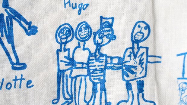 Hugo Atkinson's family drawing on his Year 1 tea towel.  