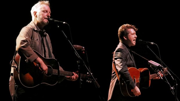 Billy Bragg and Joe Henry singing railroad songs on stage in the Sydney Opera House Concert Hall.