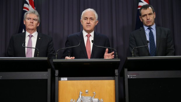ASIO chief Duncan Lewis (left) with Prime Minister Malcolm Turnbull and counter terrorism co-ordinator Tony Sheehan at Parliament House on Friday.