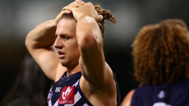 Not happy: Fremantle's Nathan Fyfe contemplates another loss.
