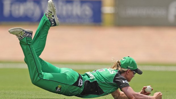 Meg Lanning takes a spectacular diving catch during the WBBL.