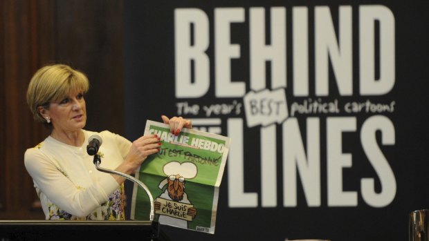 Foreign Affairs Minister Julie Bishop launches Behind the Lines 2015: The year's best political cartoons at the Museum of Australian Democracy at Old Parliament House on Thursday. 