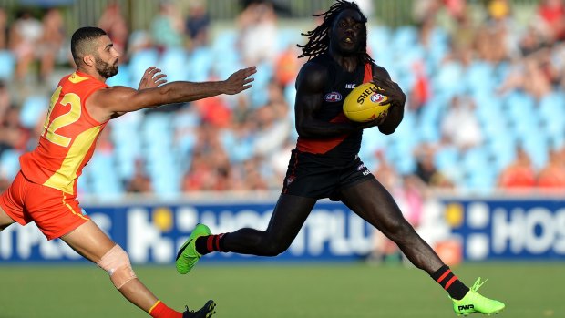 Essendon's Anthony McDonald-Tipungwuti takes a mark.