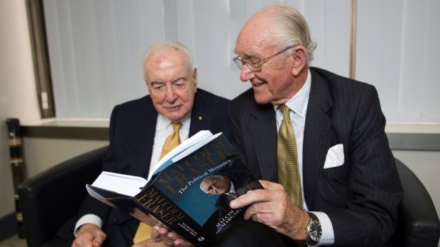 Malcolm Fraser and Gough Whitlam catching up during a book tour by Mr Fraser in 2010.
