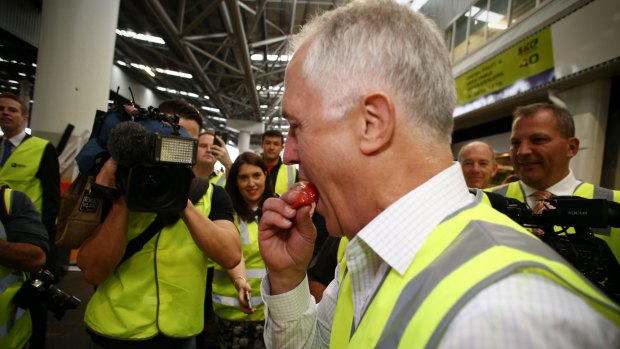 The Prime Minister tries some watermelon.