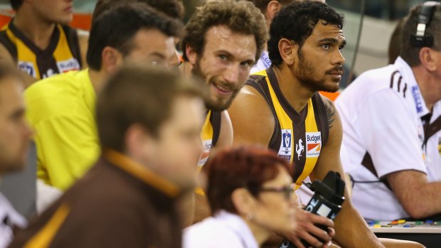 Cyril Rioli sits on the bench during the VFL grand final on Sunday. Box Hill was six points up at three-quarter time, with injury concerns, but was unable to put the star Hawk back on the ground.