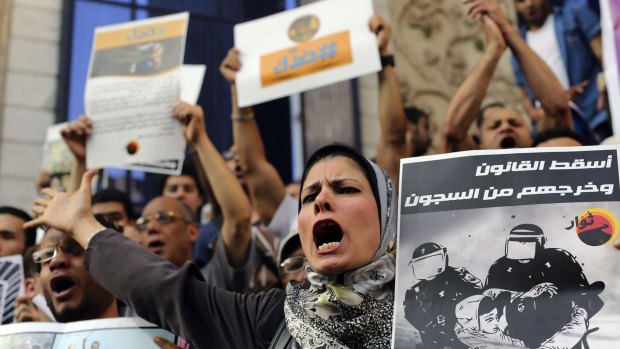 Activists in Cairo reject the Egyptian government's anti-protest laws in May.
