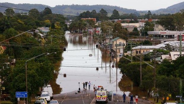 Flooded streets in Lismore over the weekend.