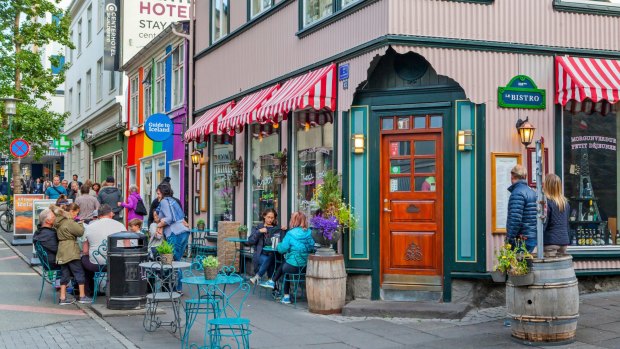 Cafe in the Laugavegur shopping district in Reykjavik, Iceland.