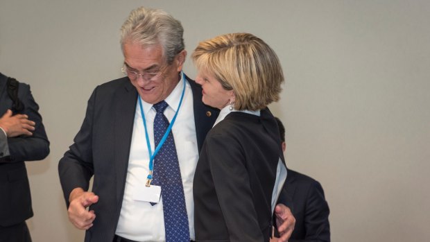 That was then: Foreign Minister Julie Bishop hugs then Marshall Islands minister Tony de Brum at the Paris climate summit.
