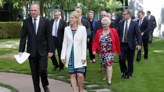 Barnaby Joyce with deputy leader Fiona Nash and National MPs and senators at Parliament House.