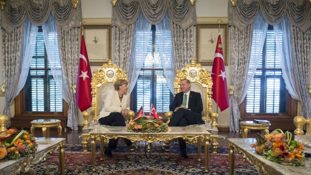 In happier times, German Chancellor Angela Merkel and Turkish President Recep Tayyip Erdogan meet at the Yildiz Palace in Istanbul in 2015.