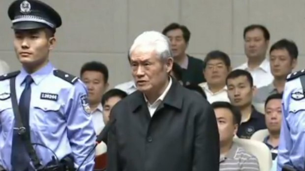 This screen grab taken from CCTV footage shows former Chinese security chief Zhou Yongkang on trial at the Intermediate People's Court in Tianjin.