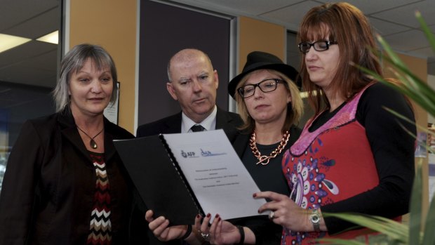Domestic Violence Crisis Service client service director Dearne Weaver, Victims of Crime commissioner John Hinchey, Australian of the Year Rosie Batty and DVCS executive director
Mirjana Wilson. 