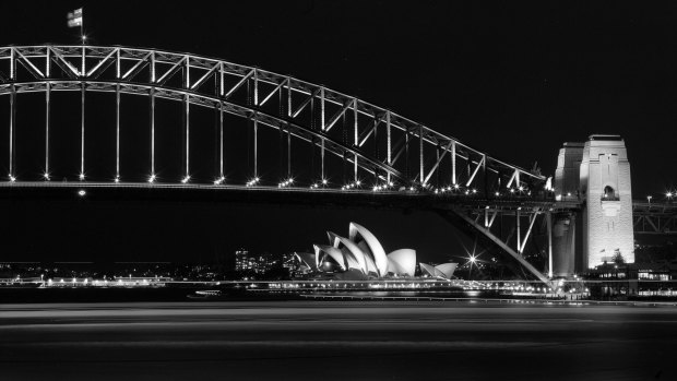 The Sydney Harbour Bridge at night.
