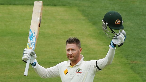 Skipper Michael Clarke brings up the third century of the Australian innings at the Adelaide Oval.