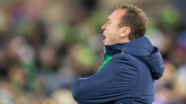 Ricky Stuart lets off some steam during the Raiders-Broncos match on Saturday.