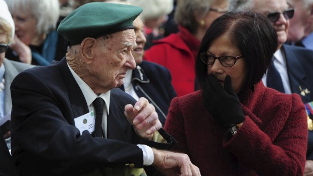 Veteran Ted Dubberlin chats with Loretta Sayer at the Australian War Memorial on Monday.