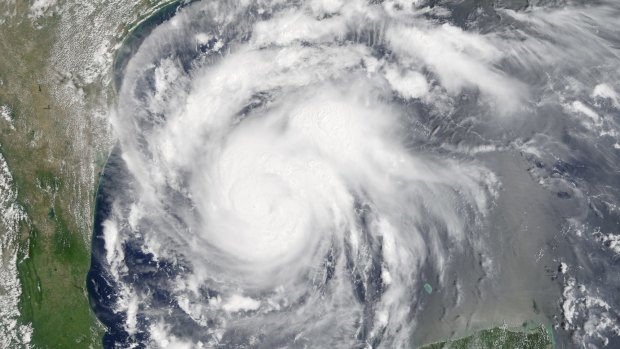 A satellite image of Hurricane Harvey off the Gulf of Mexico on August 24.