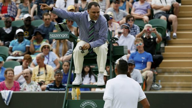 Stoush: Kyrgios remonstrates with the umpire. 