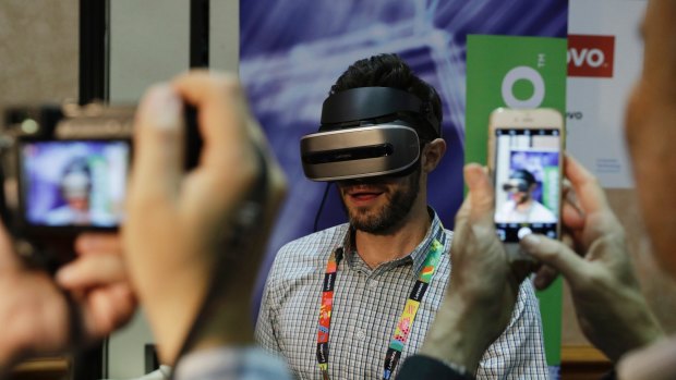 A prototype Lenovo VR headset at CES 2017 that tracks head movements using cameras. 