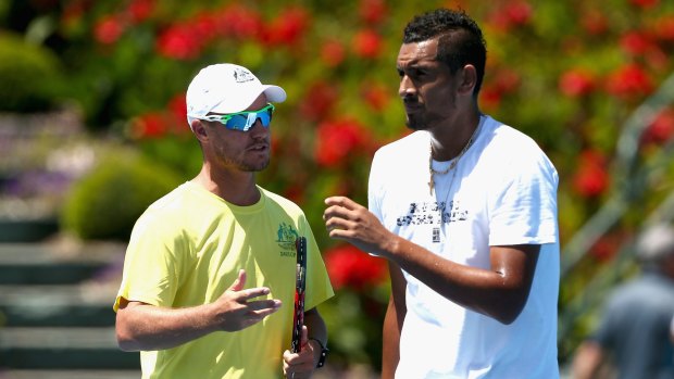 As captain, Lleyton Hewitt will be able to speak to Nick Kyrgios between games during  Davis Cup matches.