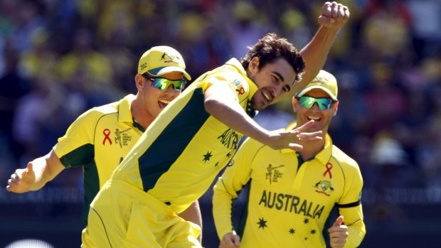 Australia's Mitchell Starc claims the scalp of New Zealand captain Brendon McCullum during the World Cup final on Sunday. 