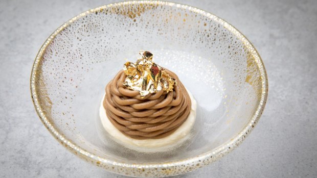 Mont blanc made with roasted artichoke caramel, Italian meringue, crushed savoiardi biscuits and salted Chantilly.