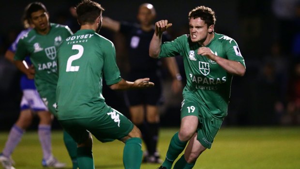 Liam McCormick (right)  of the Greens celebrates a goal against Sydney Olympic. 