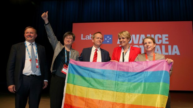 Senator Wong with Labor colleagues Anthony Albanese, Bill Shorten, Tanya Plibersek and former ALP senator  Louise Pratt at the party's national conference last year.
