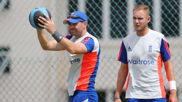 England's James Anderson and Stuart Broad train at the Sir Vivian Richards Stadium in Antigua on Saturday.