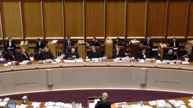 Justices Dyson Heydon, Kenneth Hayne, William Gummow, Chief Justice Murray Gleeson, Justices Michael Kirby, Ian Callinan and Susan Crenna at the High Court.