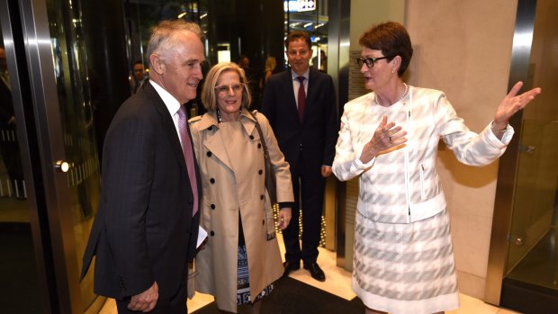 Prime Minister Malcolm Turnbull and his wife Lucy greeted by BCA President Catherine Livingstone at the Business Council of Australia annual dinner.