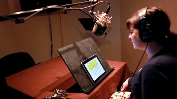Katherine Kellgren, audio book narrator and actress, narrates an audio book at the Film Centre in New York.
