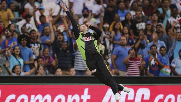 Australia's Steven Smith lunges for a catch during the T20 International against India.