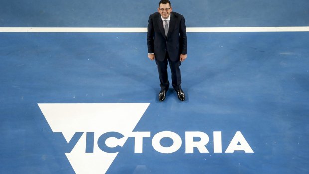 Premier Daniel Andrews announces a brand new logo for Victoria at the Margaret Court Arena in August 2015. 