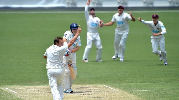 He's back: Ryan Harris grabs the wicket of Scott Henry at the Gabba.