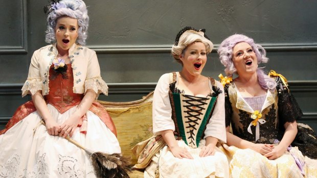 Pinchgut Opera's Alexandra Oomens (Isabelle), Jessica Aszodi (Jacinte) and Celeste Lazarenko (Leonore), in L'Amant Jaloux.