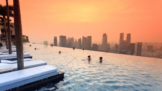 The swimming pool on the 57th floor of the Marina Bay Sands
resort.