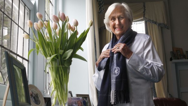 Vivienne Kerr with the flowers sent to her by Eddie Mcguire after Carlton's win over Collingwood in 2008.