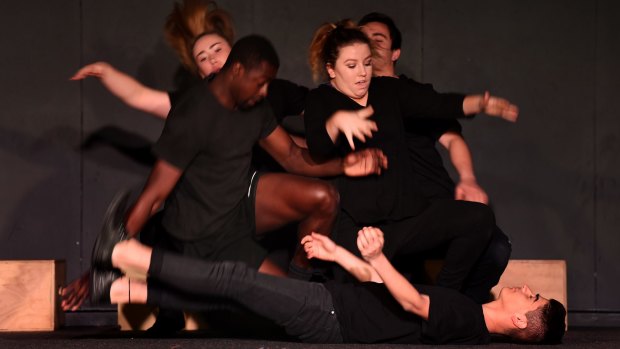 Castle Hill High School HSC drama students Bridie Kay, 17, Rich Amevor, 17, Grace Lennon, 18, Jacob Llamas, 17, and Aywan Suleiman, 18 during a rehearsal of their performance <i>Comfort</i>. 