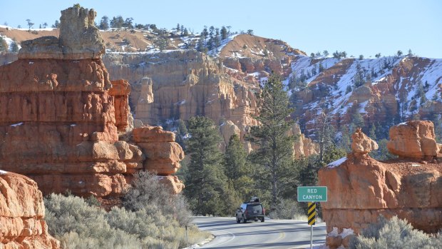 Driving into Red Canyon in Dixie National Forest near Panguitch, Utah.