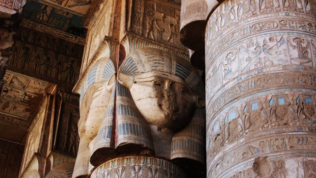 Hypostyle hall with columns in the temple of Hathor at Dendera, Egypt.