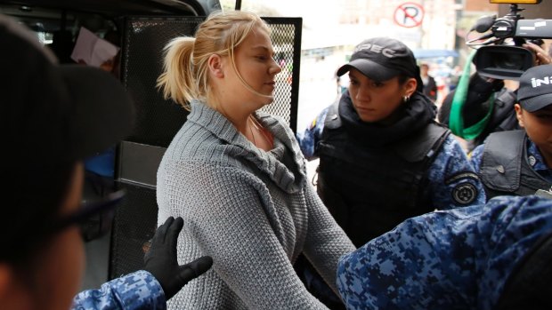 Cassandra Sainsbury arrives at court in Bogota in July.