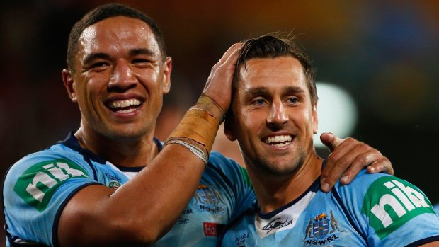 Blues brothers: Tyson Frizell and Mitchell Pearce celebrate a special NSW victory.