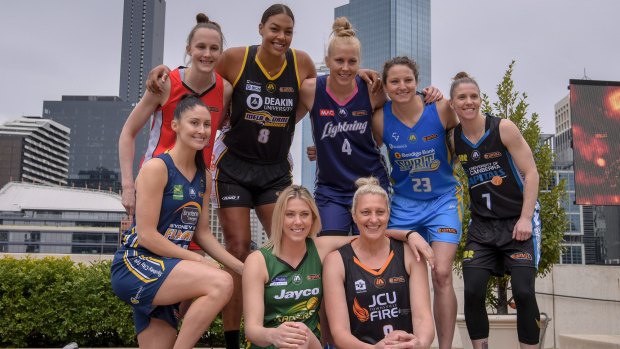 Caps guard Natalie Hurst (right) at the launch of the WNBL season on Monday.