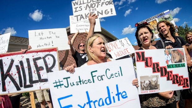 Kristen Hall leads a group of protesters  in front of Walter Palmer's dental practice in Bloomington, Minnesota.  